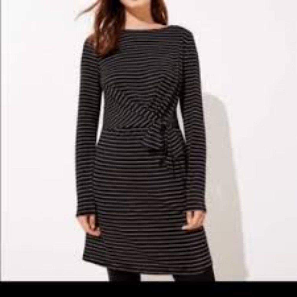 LOFT Women's Black Gold Striped Tie Waist Long Sleeves Work Office Dress Sz M